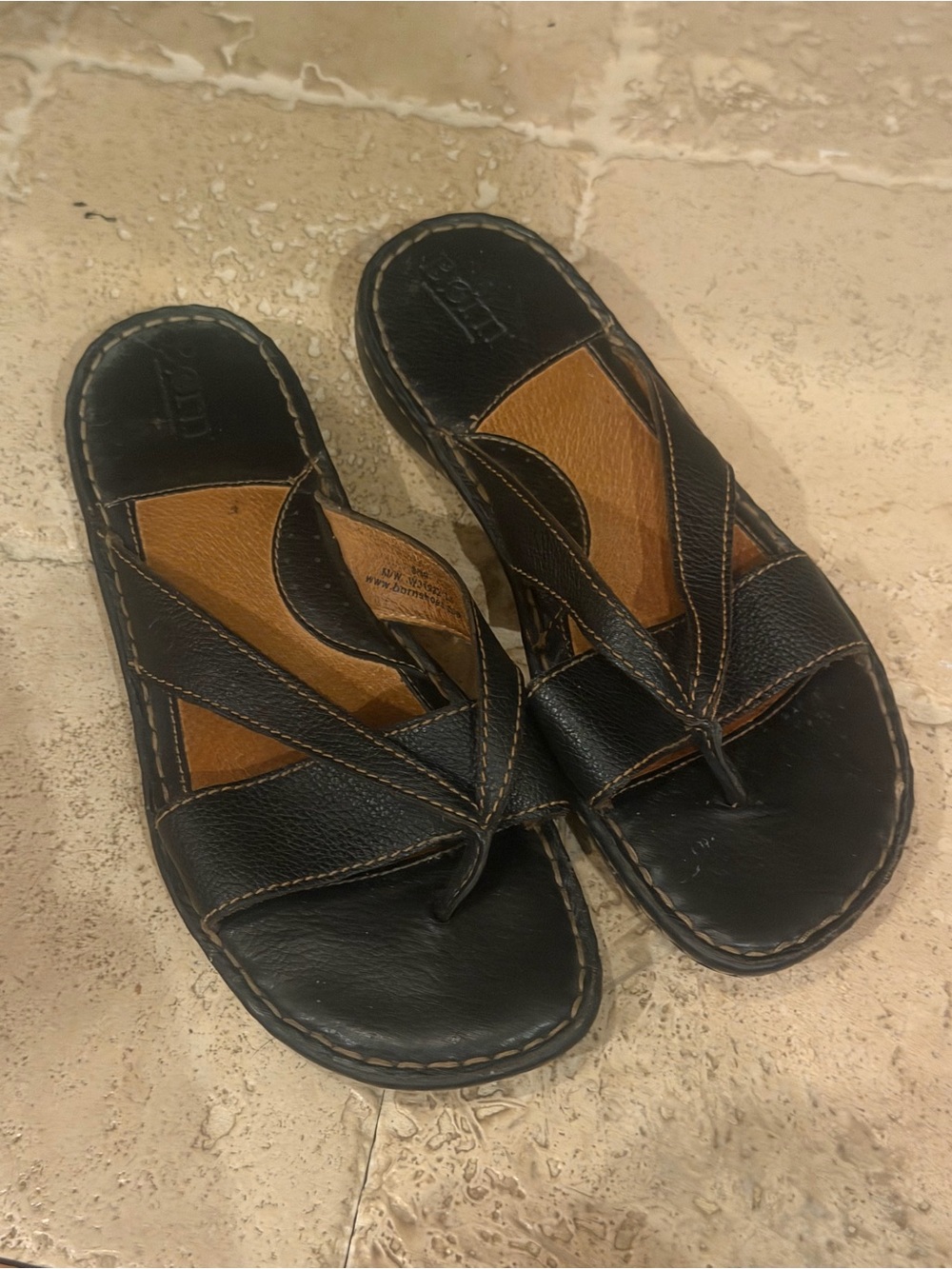 Born Black Leather Toe-Post Sandals with Brown Inset